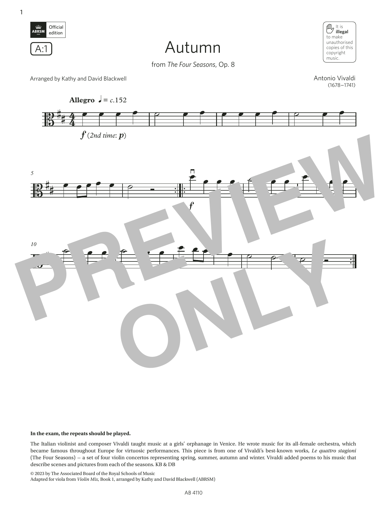 Antonio Vivaldi Autumn (Grade Initial, A1, from the ABRSM Viola Syllabus from 2024) sheet music notes and chords arranged for Viola Solo