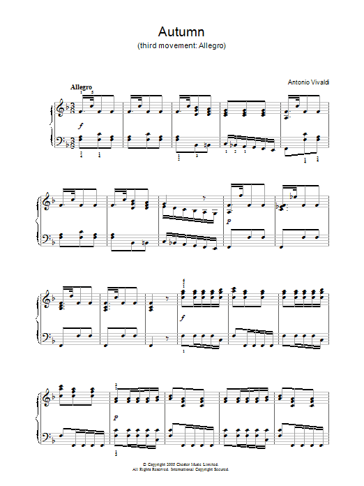 Antonio Vivaldi Autumn (third movement: Allegro) sheet music notes and chords arranged for Piano Solo