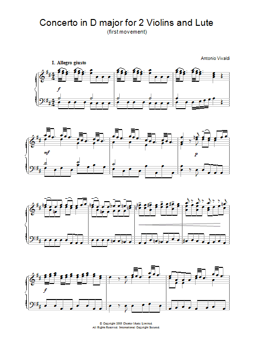 Antonio Vivaldi Concerto in D major for 2 Violins and Lute (first movement) sheet music notes and chords arranged for Piano Solo