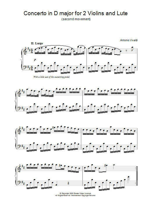 Antonio Vivaldi Concerto in D major for 2 Violins and Lute (second movement) sheet music notes and chords arranged for Piano Solo