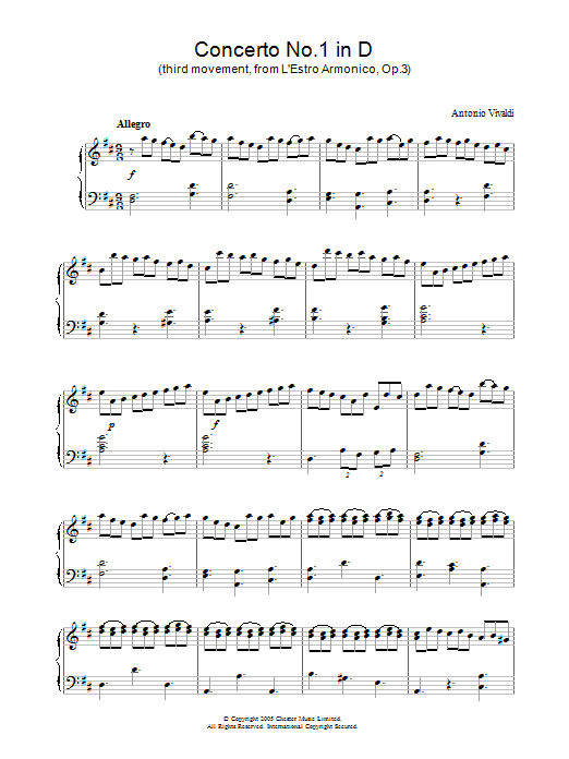 Antonio Vivaldi Concerto No.1 (3rd Movement: Allegro) from 'L'Estro Armonico' Op.3 sheet music notes and chords arranged for Piano Solo