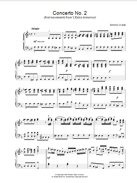 Antonio Vivaldi Concerto No.2 (1st Movement: Adagio) from 'L'Estro Armonico' Op.3 sheet music notes and chords arranged for Piano Solo