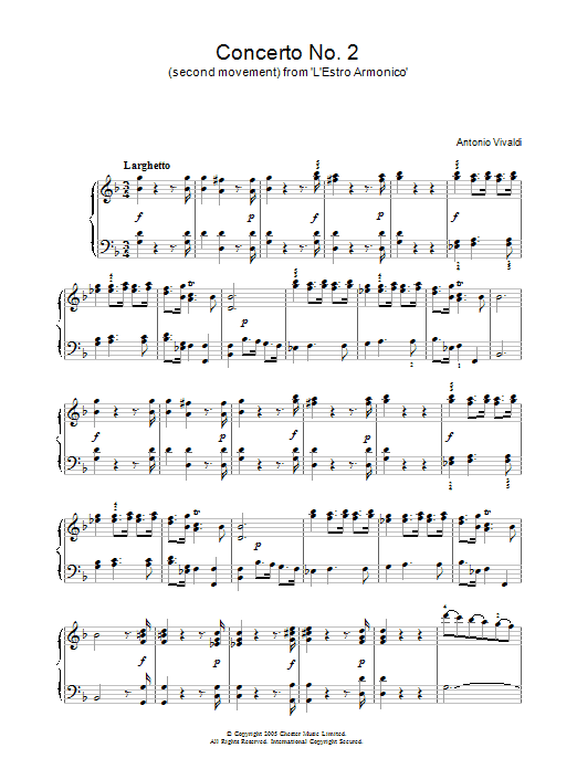 Antonio Vivaldi Concerto No.2 (2nd Movement: Larghetto) from 'L'Estro Armonico' Op.3 sheet music notes and chords arranged for Piano Solo