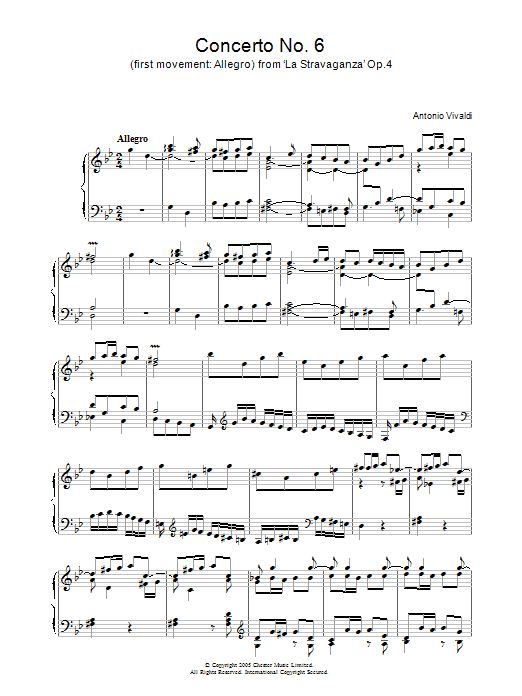 Antonio Vivaldi Concerto No.6 (1st Movement: Allegro) from 'La Stravaganza' Op.4 sheet music notes and chords arranged for Piano Solo