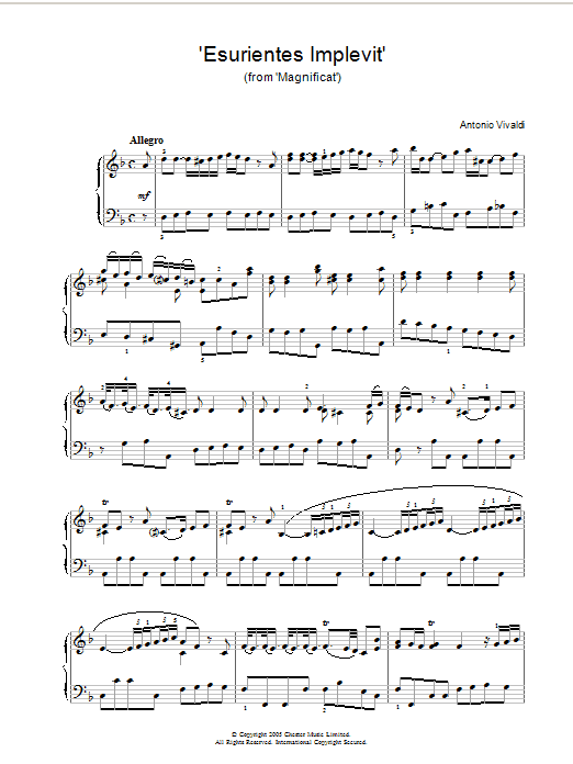 Antonio Vivaldi 'Esurientes Implevit' (from 'Magnificat') sheet music notes and chords arranged for Piano Solo