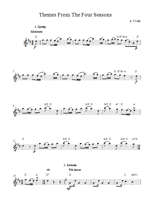 Antonio Vivaldi Themes from The Four Seasons sheet music notes and chords arranged for Lead Sheet / Fake Book