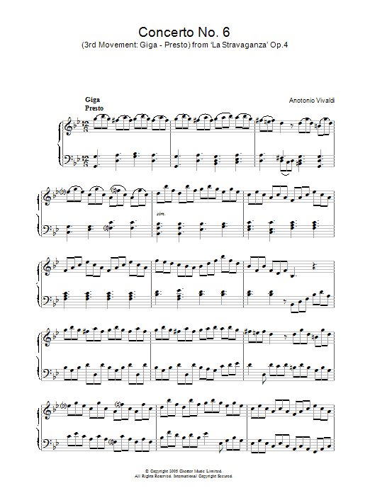 Antonio Vivaldi Giga, Presto) from 'La Stravaganza' Op.4 sheet music notes and chords arranged for Piano Solo