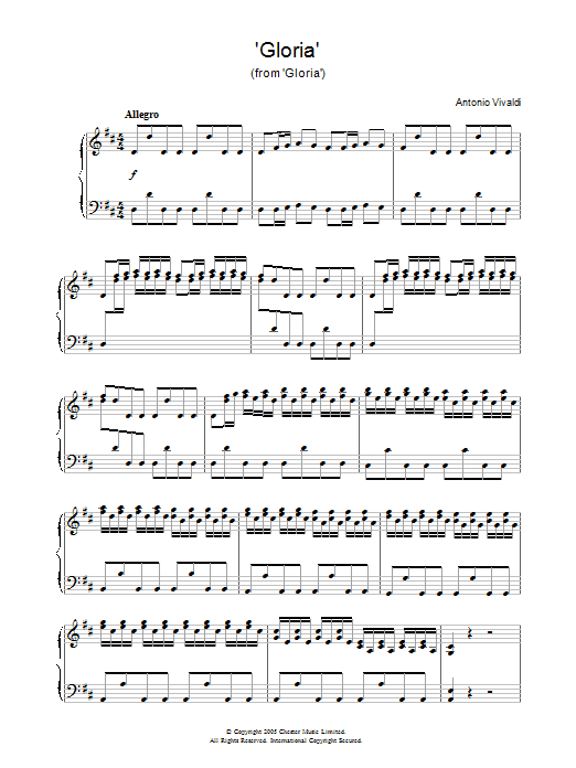 Antonio Vivaldi 'Gloria' (from 'Gloria') sheet music notes and chords arranged for Piano Solo