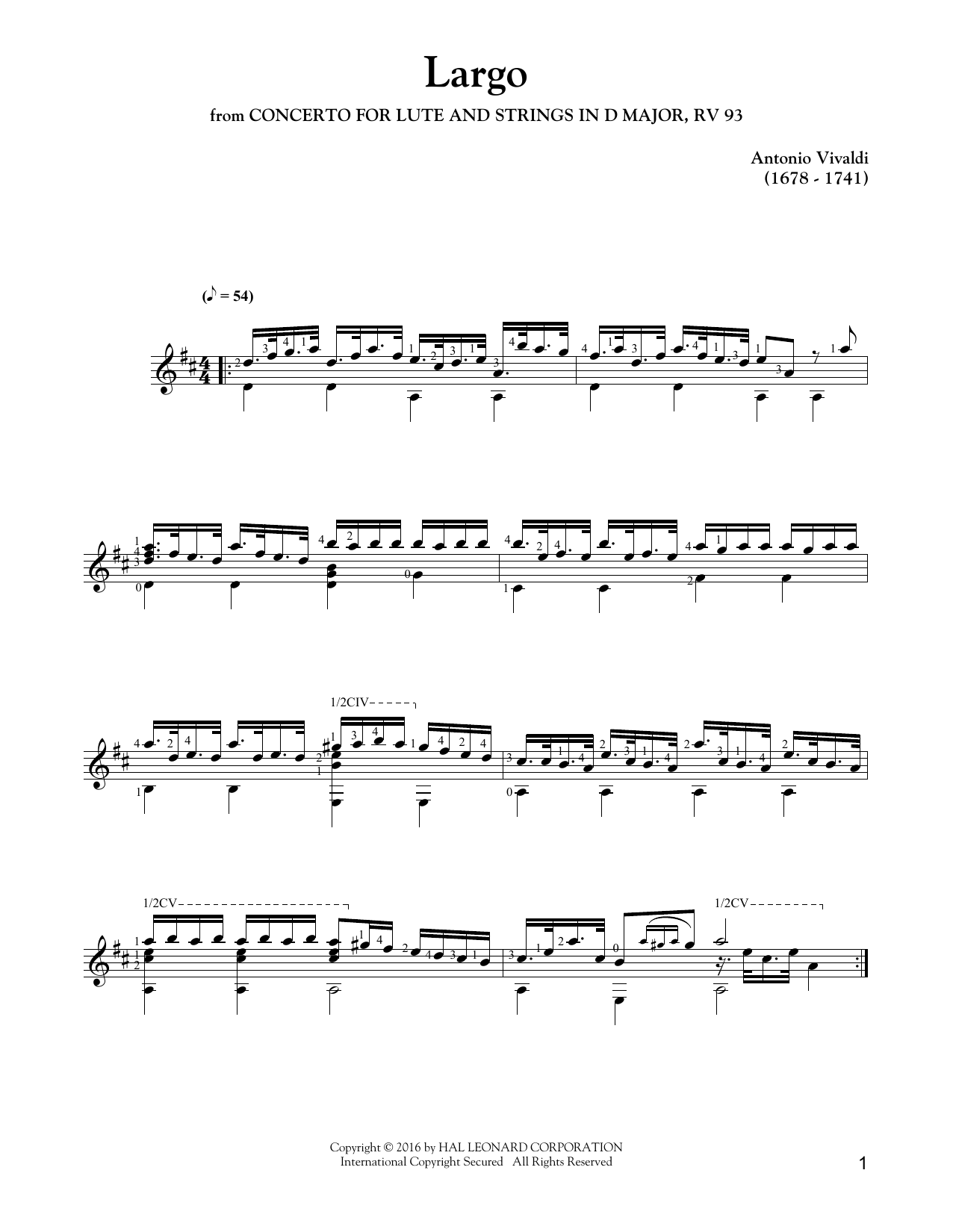 Antonio Vivaldi Largo sheet music notes and chords arranged for Solo Guitar
