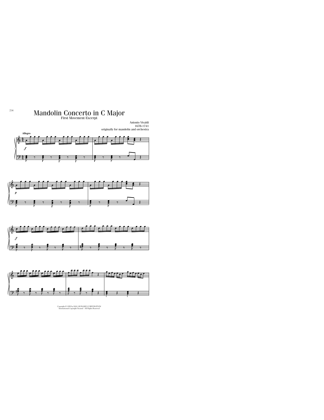 Antonio Vivaldi Mandolin Concerto in C Major sheet music notes and chords arranged for Piano Solo