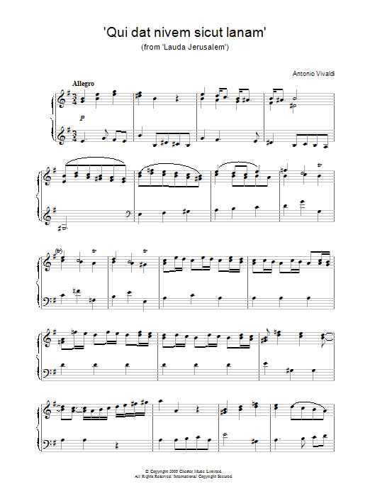 Antonio Vivaldi 'Qui dat nivem sicut lanam' (from 'Lauda Jerusalem') sheet music notes and chords arranged for Piano Solo