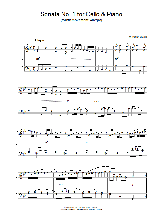 Antonio Vivaldi Sonata No.1 for Cello & Piano (4th Movement: Allegro) sheet music notes and chords arranged for Piano Solo