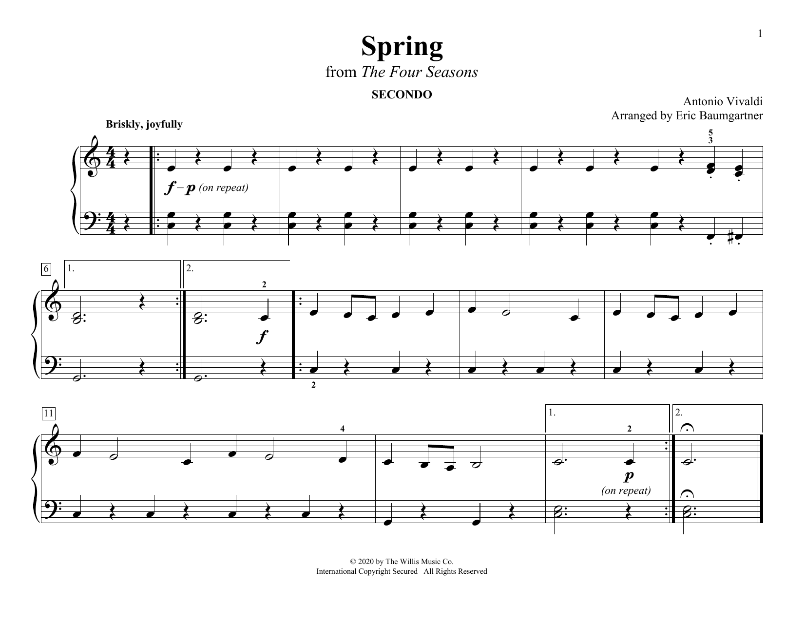 Antonio Vivaldi Spring (from The Four Seasons) (arr. Eric Baumgartner) sheet music notes and chords arranged for Piano Duet