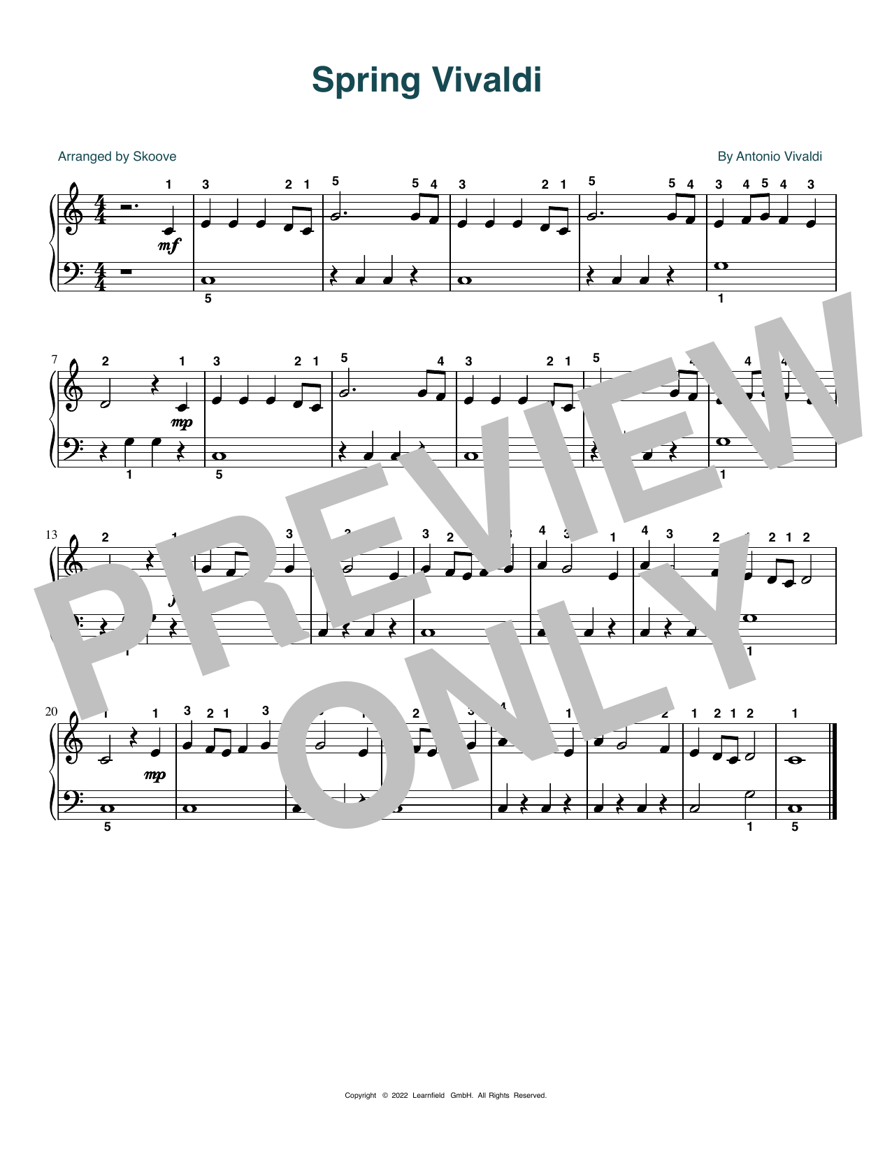 Antonio Vivaldi Spring Vivaldi (arr. Skoove) sheet music notes and chords arranged for Beginner Piano (Abridged)