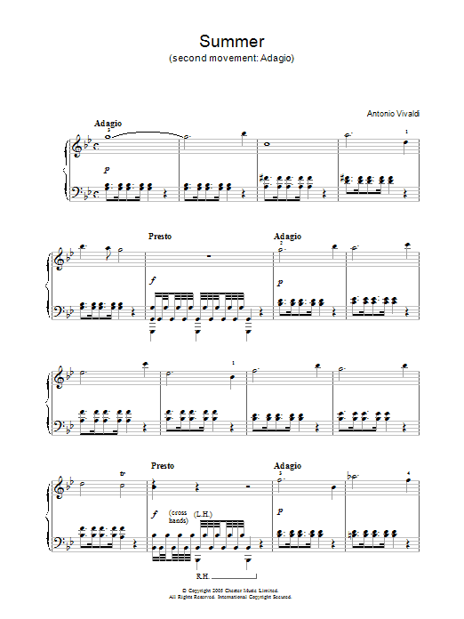 Antonio Vivaldi Summer (second movement: Adagio) sheet music notes and chords arranged for Piano Solo