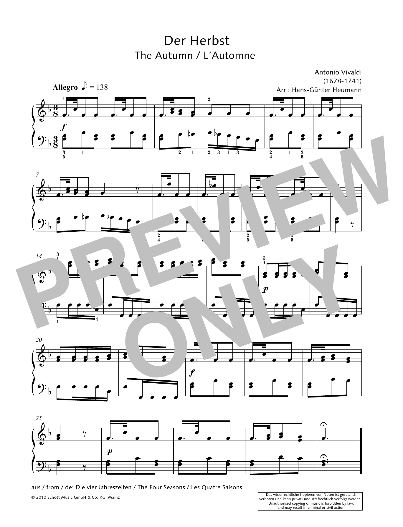 Antonio Vivaldi The Autumn sheet music notes and chords arranged for Piano Solo