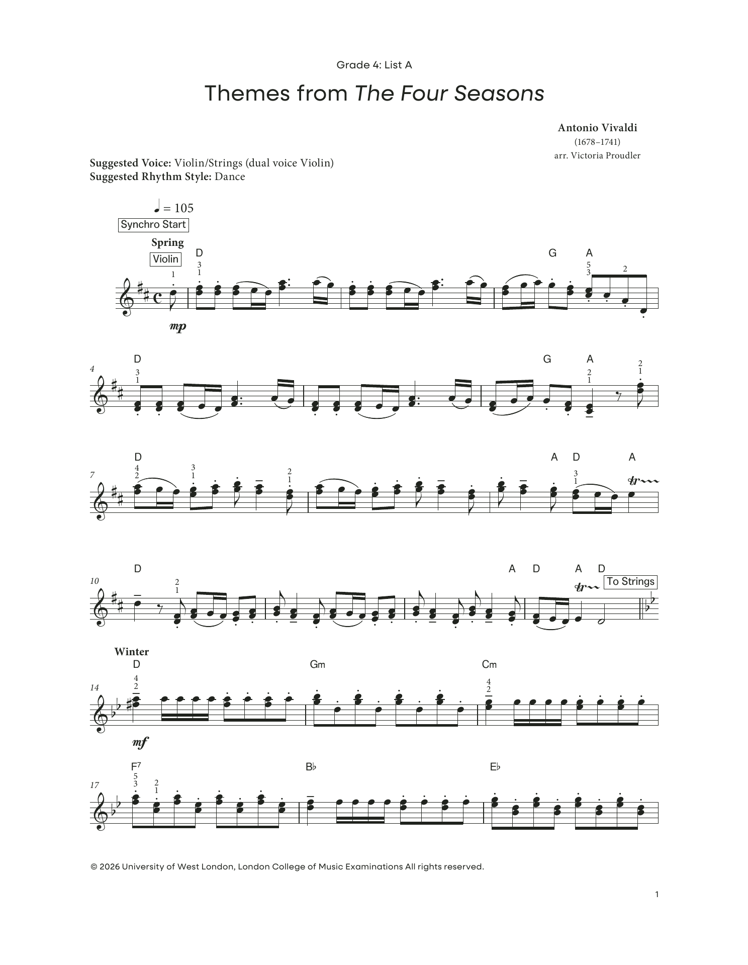 Antonio Vivaldi Themes from the Four Seasons (from LCME Electronic Keyboard Grade 4 List A) sheet music notes and chords arranged for Piano Solo