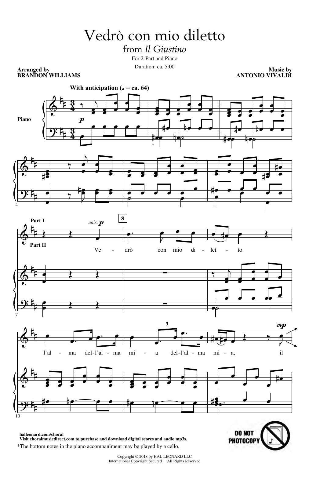 Antonio Vivaldi Vedro Con Mio Diletto (arr. Brandon Williams) sheet music notes and chords arranged for 2-Part Choir