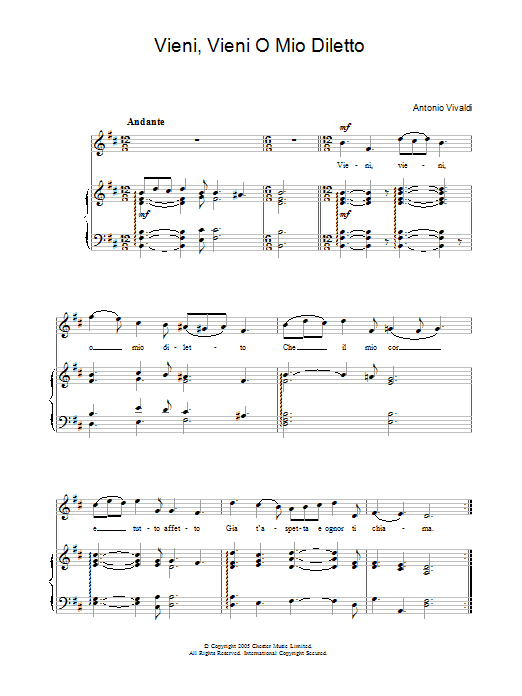 Antonio Vivaldi Vieni, Vieni O Mio Diletto sheet music notes and chords arranged for Easy Piano