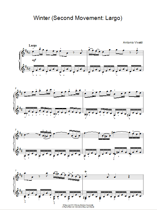 Antonio Vivaldi Winter from The Four Seasons (Second movement: Largo) sheet music notes and chords arranged for Piano Solo