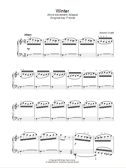 Antonio Vivaldi Winter from The Four Seasons (Third movement: Allegro) sheet music notes and chords arranged for Piano Solo