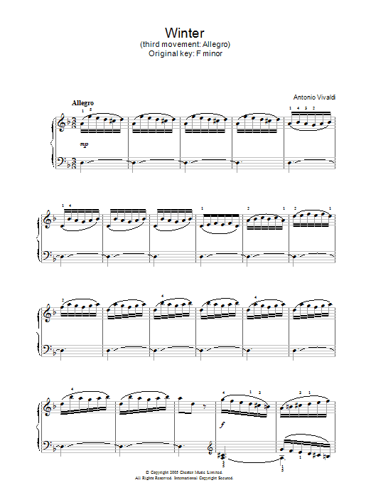 Antonio Vivaldi Winter (third movement: Allegro) sheet music notes and chords arranged for Piano Solo