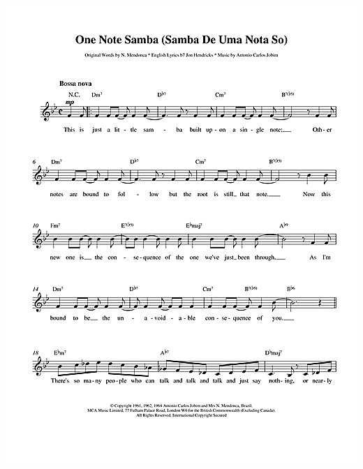 Antonio Carlos Jobim One Note Samba sheet music notes and chords arranged for Lead Sheet / Fake Book