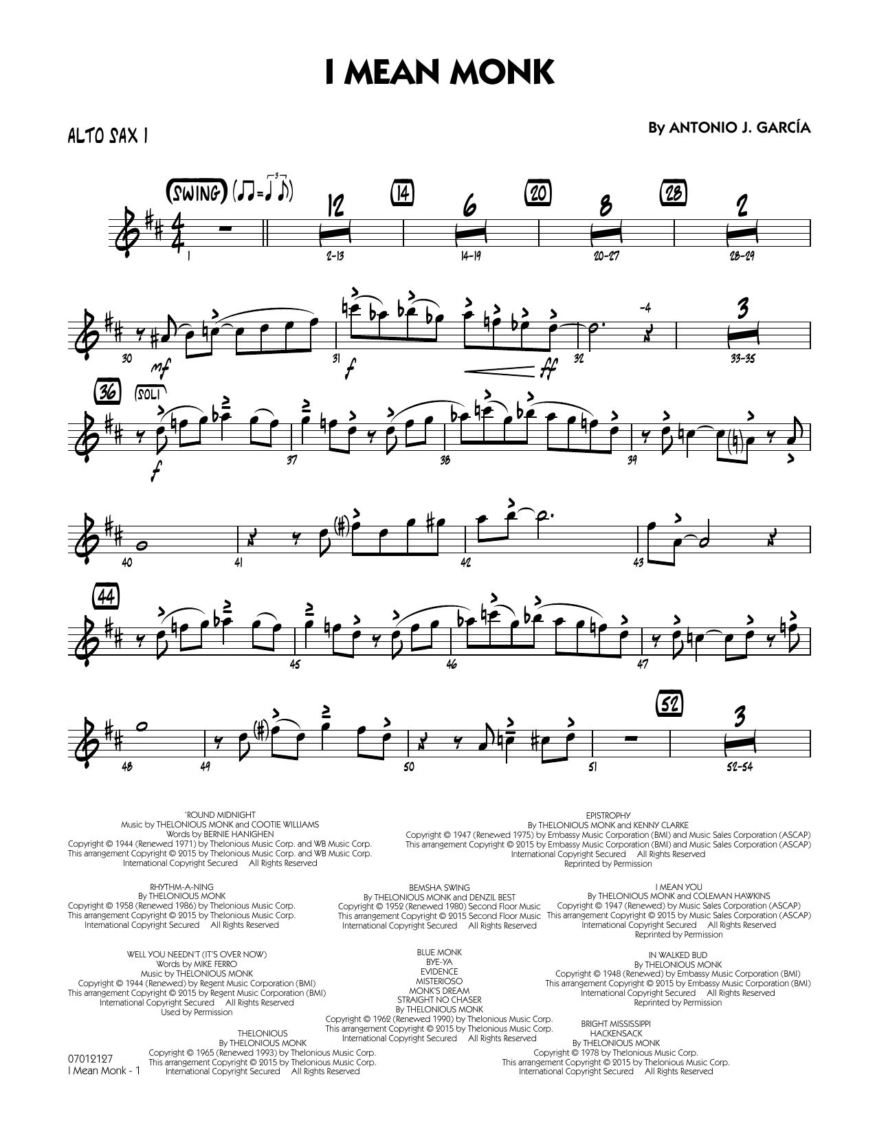 Antonio J. Garcia I Mean Monk - Alto Sax 1 sheet music notes and chords arranged for Jazz Ensemble