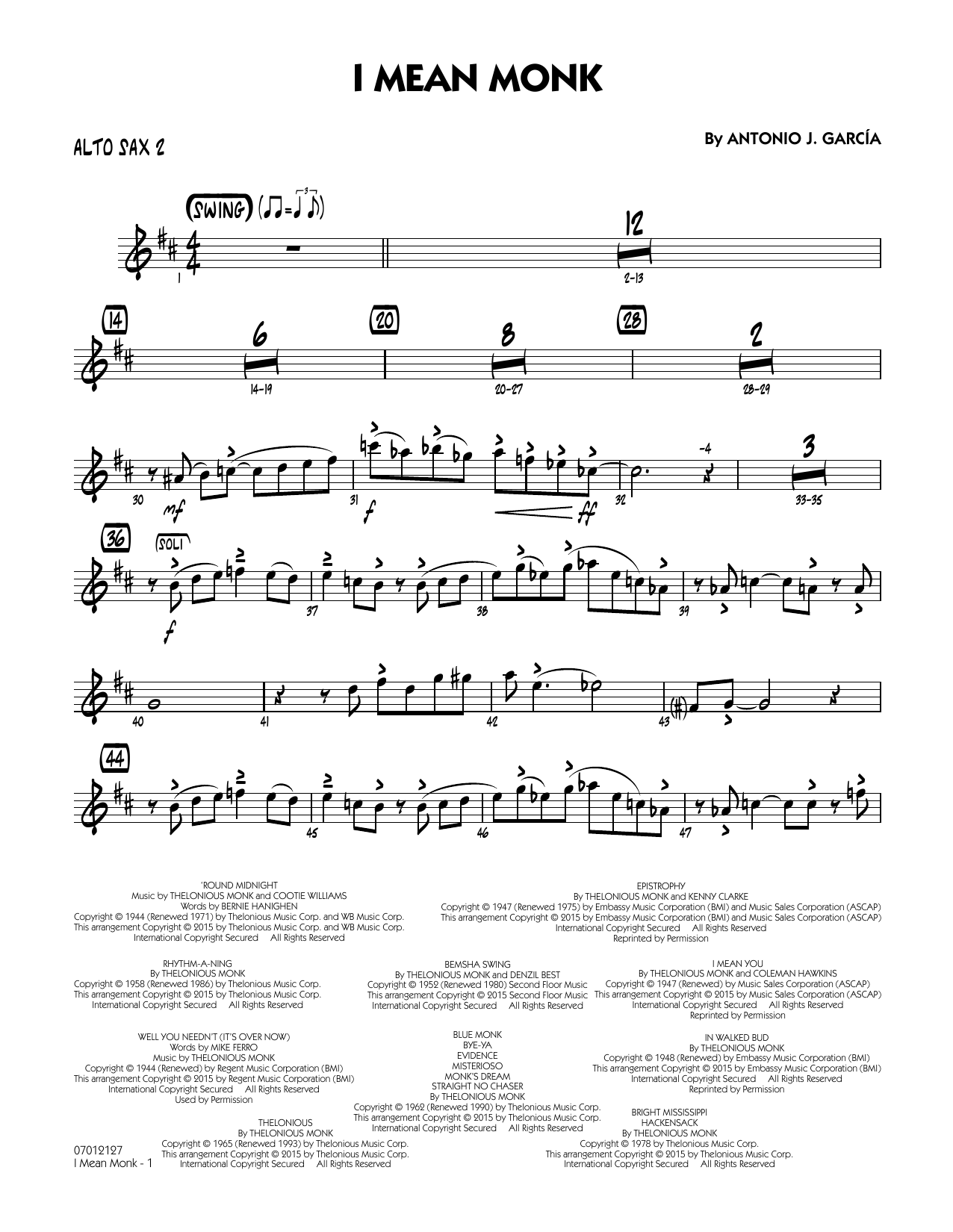 Antonio J. Garcia I Mean Monk - Alto Sax 2 sheet music notes and chords arranged for Jazz Ensemble