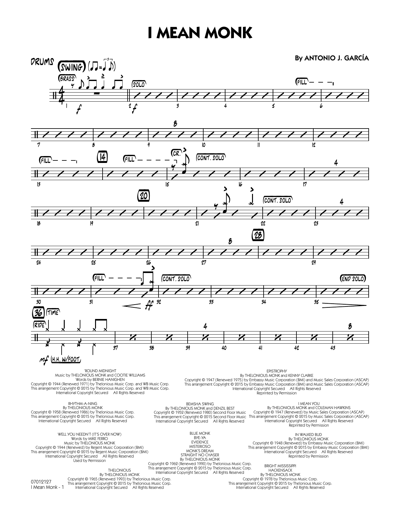 Antonio J. Garcia I Mean Monk - Drums sheet music notes and chords arranged for Jazz Ensemble