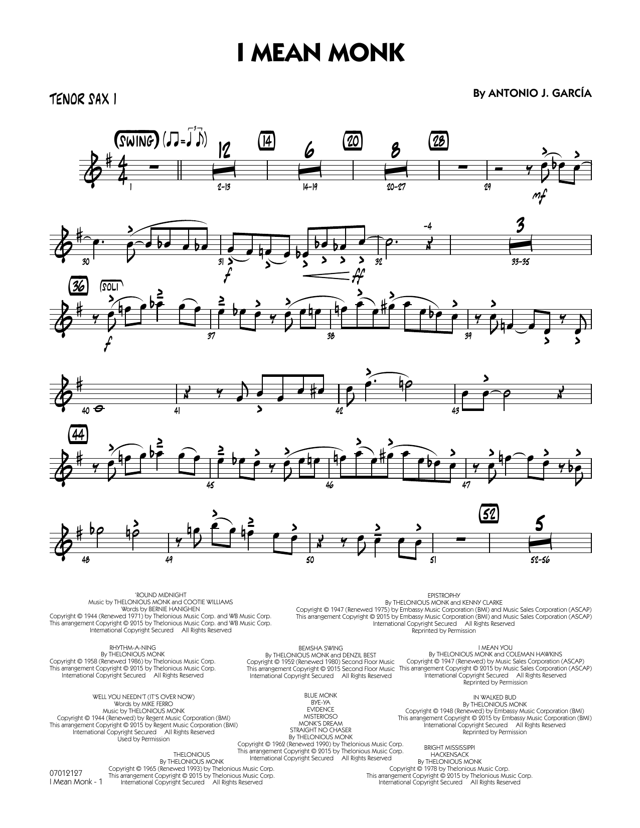Antonio J. Garcia I Mean Monk - Tenor Sax 1 sheet music notes and chords arranged for Jazz Ensemble