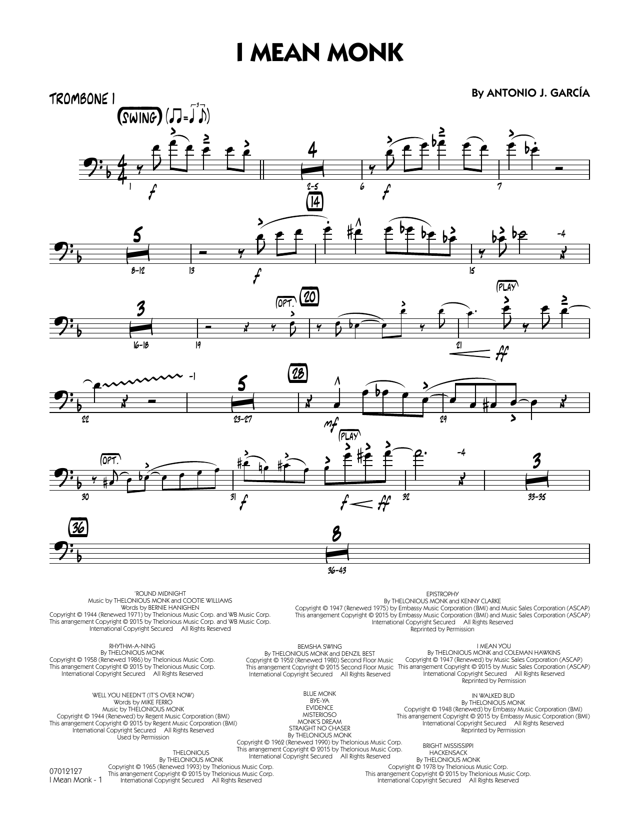 Antonio J. Garcia I Mean Monk - Trombone 1 sheet music notes and chords arranged for Jazz Ensemble