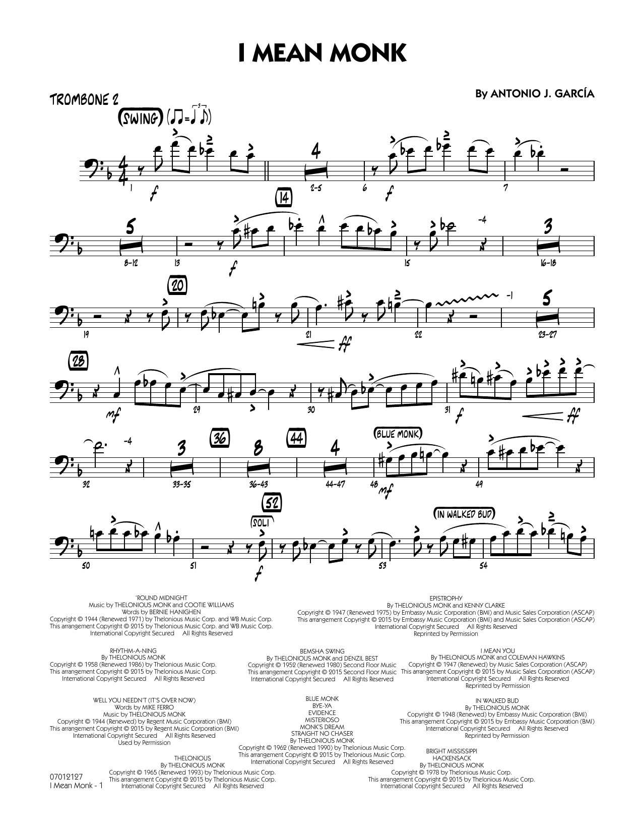 Antonio J. Garcia I Mean Monk - Trombone 2 sheet music notes and chords arranged for Jazz Ensemble