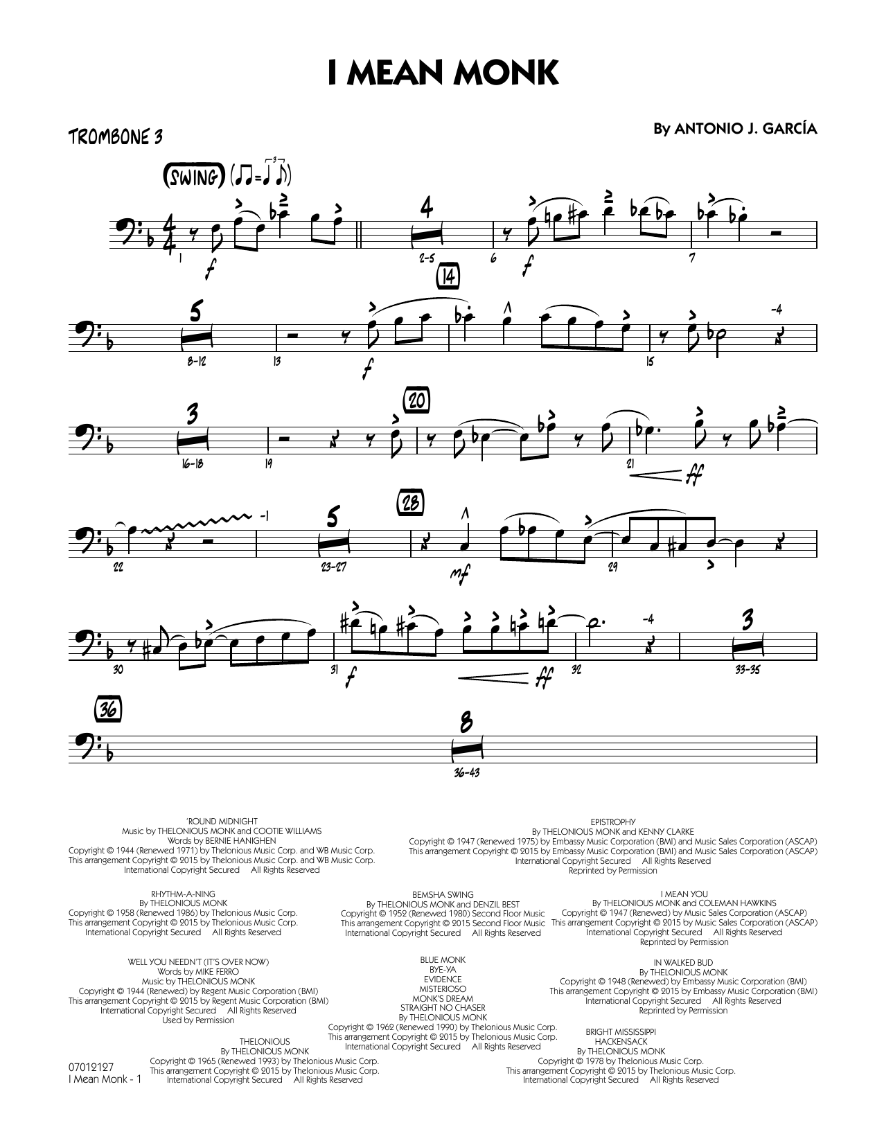 Antonio J. Garcia I Mean Monk - Trombone 3 sheet music notes and chords arranged for Jazz Ensemble