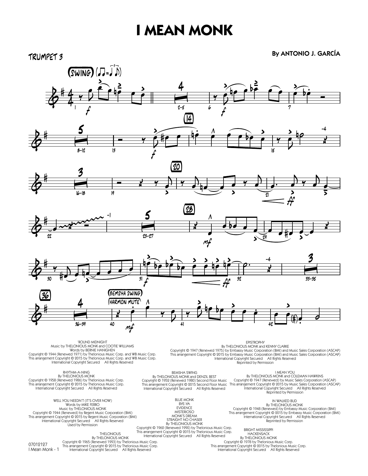Antonio J. Garcia I Mean Monk - Trumpet 3 sheet music notes and chords arranged for Jazz Ensemble