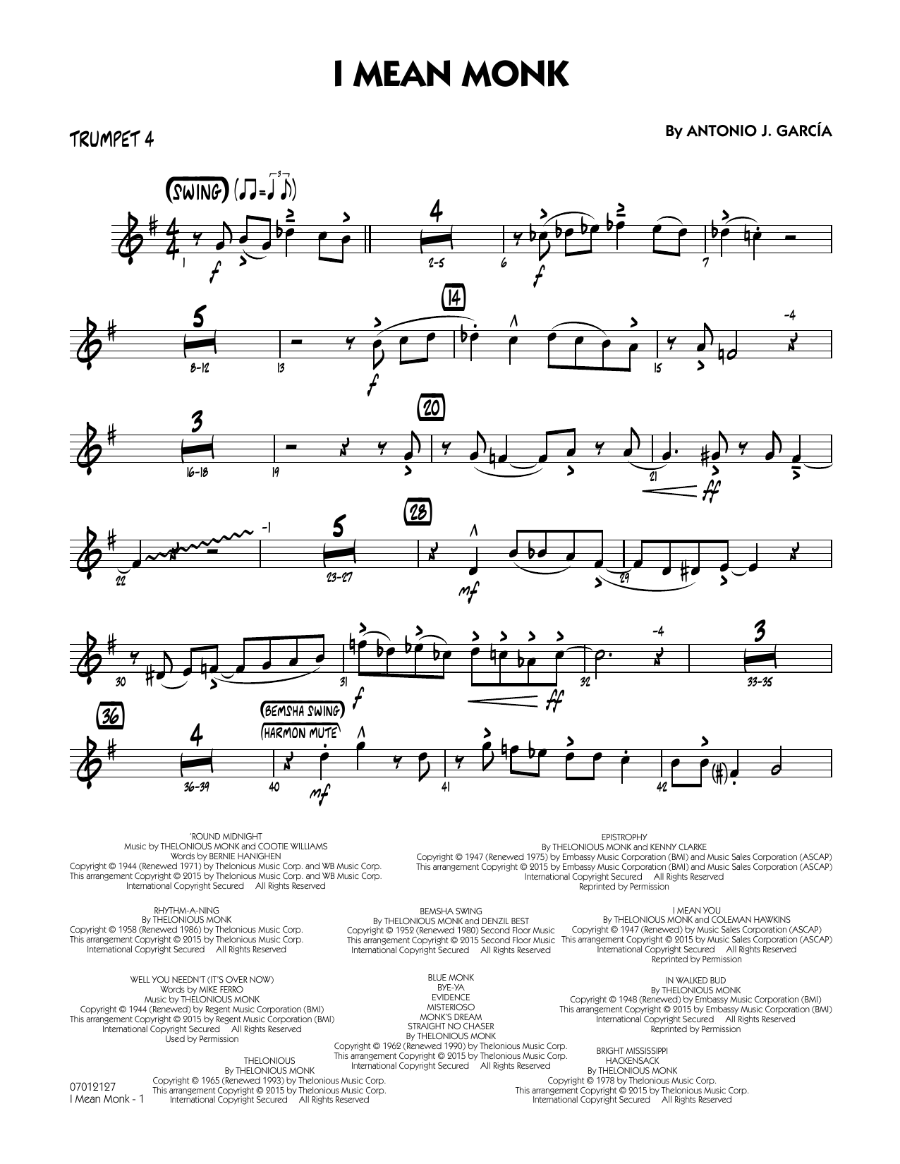 Antonio J. Garcia I Mean Monk - Trumpet 4 sheet music notes and chords arranged for Jazz Ensemble