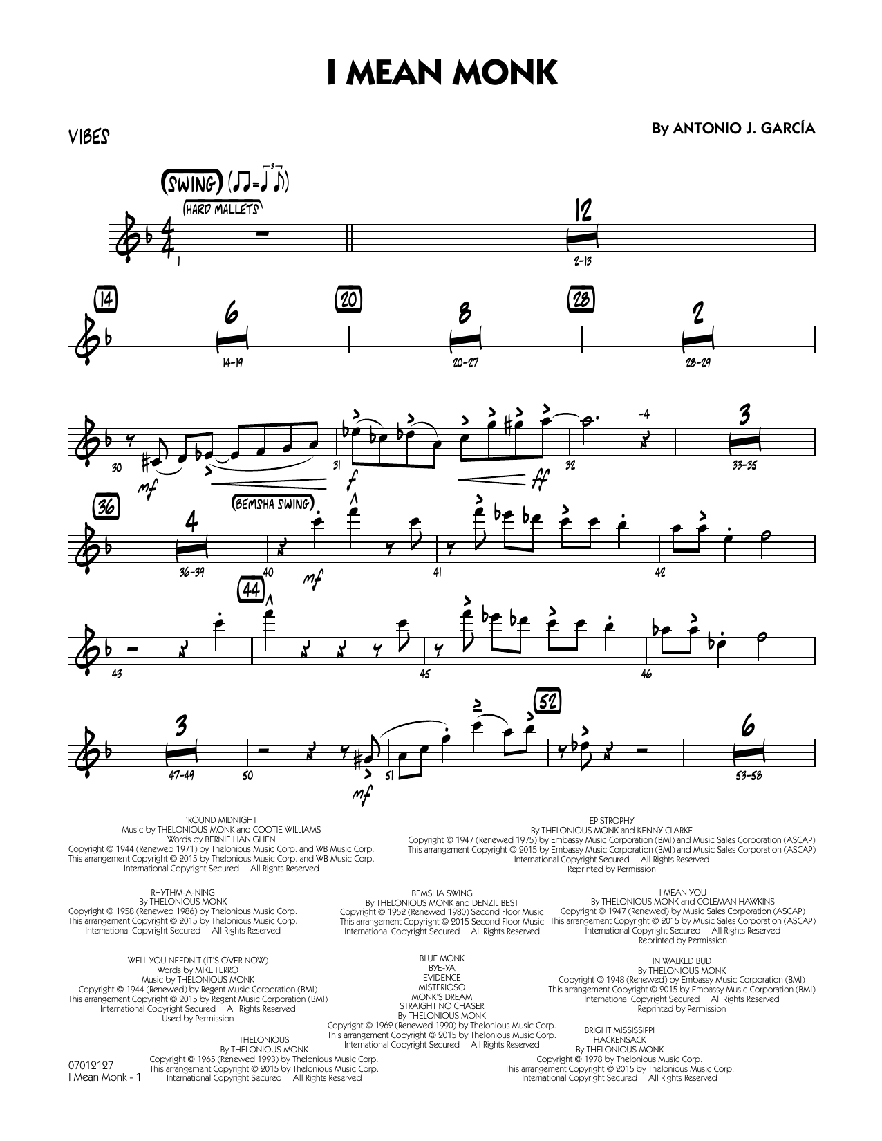 Antonio J. Garcia I Mean Monk - Vibes sheet music notes and chords arranged for Jazz Ensemble