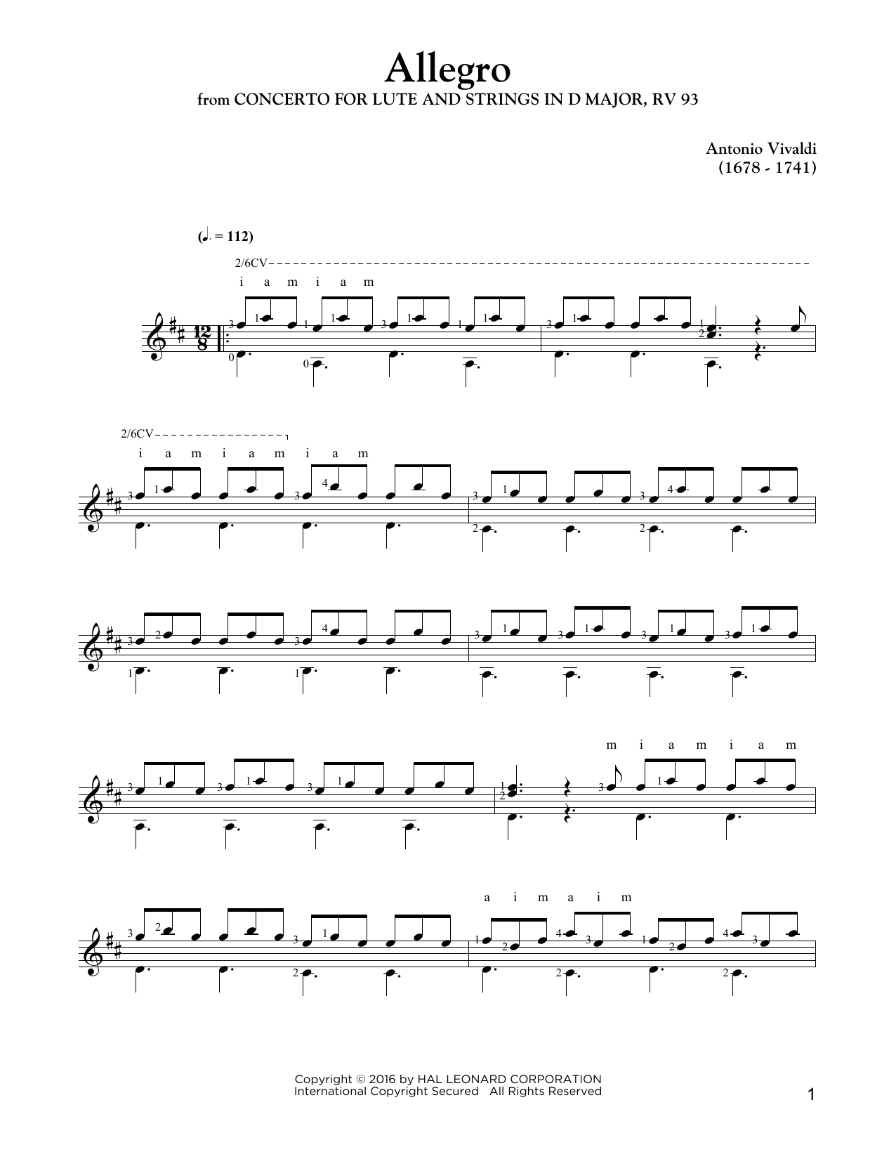Antonio Vivaldi Allegro sheet music notes and chords arranged for Solo Guitar