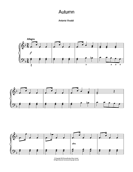 Antonio Vivaldi Autumn (from The Four Seasons) 3rd Movement sheet music notes and chords arranged for Beginner Piano