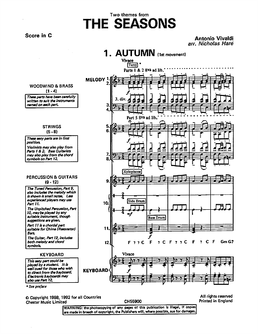 Antonio Vivaldi Autumn and Winter (from The Four Seasons) sheet music notes and chords arranged for Classroom Band Pack