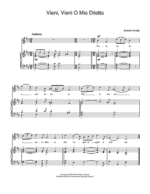 Antonio Vivaldi Vieni, Vieni O Mio Diletto sheet music notes and chords arranged for Piano & Vocal