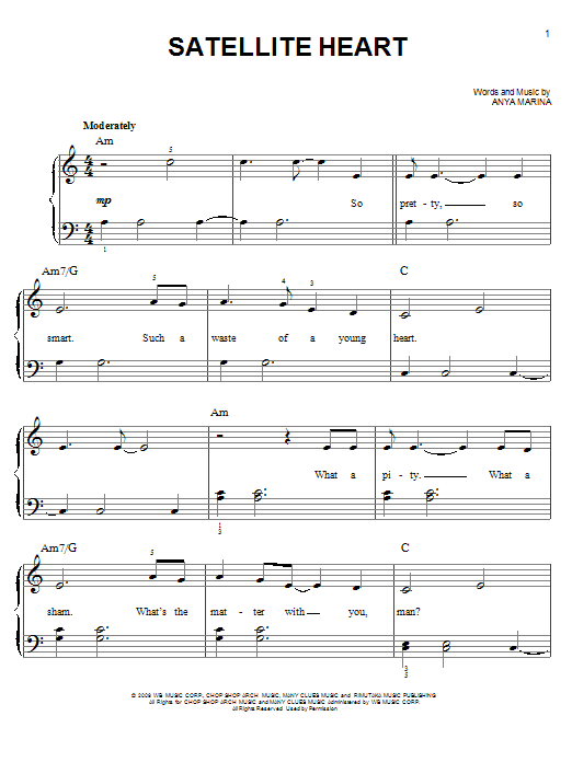 Anya Marina Satellite Heart sheet music notes and chords arranged for Piano, Vocal & Guitar Chords (Right-Hand Melody)