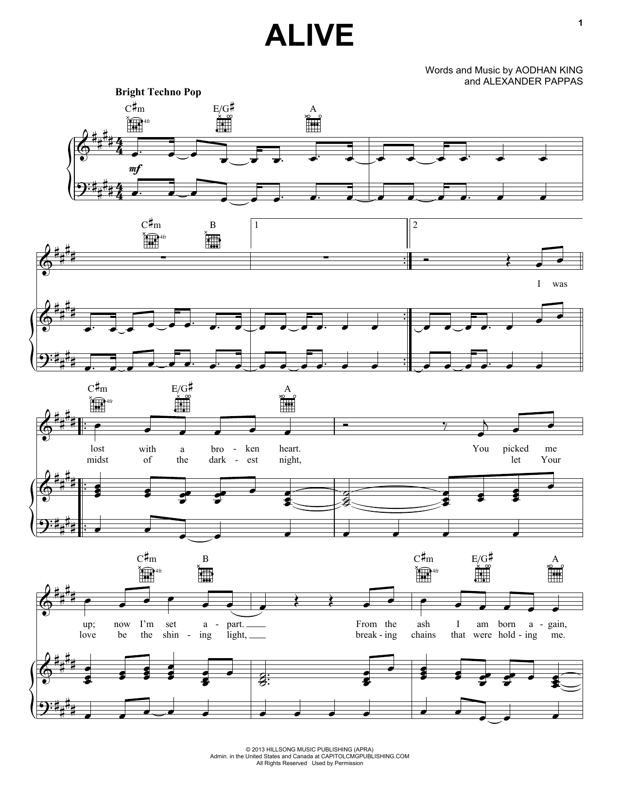 Aodhan King Alive sheet music notes and chords arranged for Piano, Vocal & Guitar Chords (Right-Hand Melody)