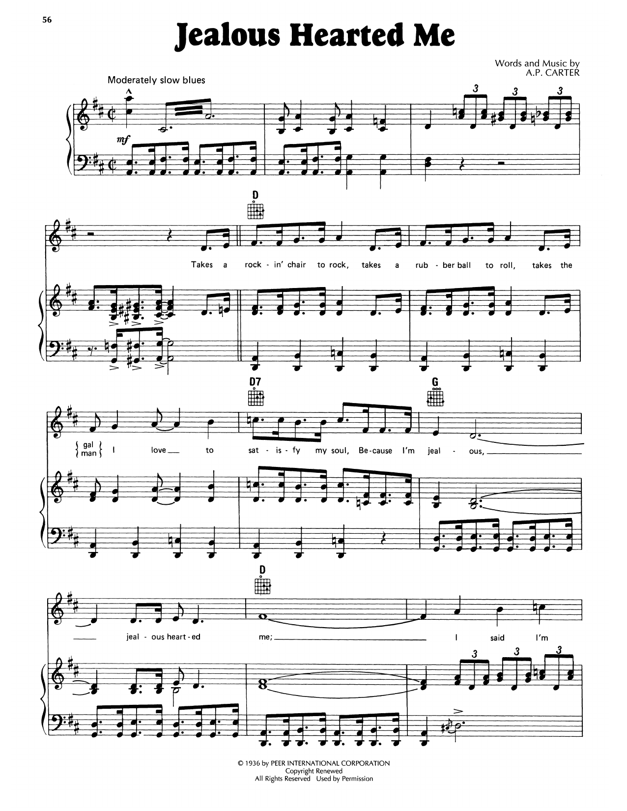 A.P. Carter Jealous Hearted Me sheet music notes and chords arranged for Piano, Vocal & Guitar Chords (Right-Hand Melody)