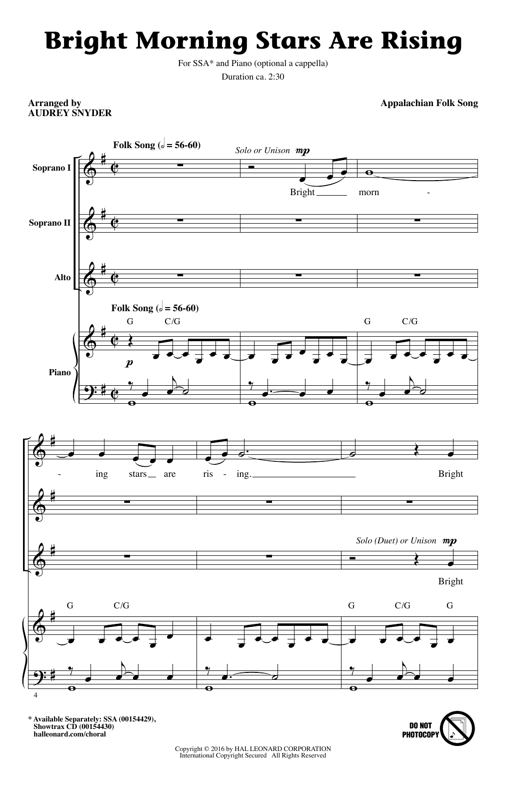 Appalachian Folk Song Bright Morning Stars Are Rising (arr. Audrey Snyder) sheet music notes and chords arranged for SSA Choir