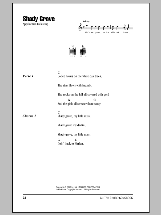 Appalachian Folk Song Shady Grove sheet music notes and chords arranged for Piano, Vocal & Guitar Chords (Right-Hand Melody)