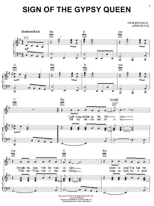April Wine Sign Of The Gypsy Queen sheet music notes and chords arranged for Piano, Vocal & Guitar Chords (Right-Hand Melody)