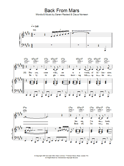Aqua Back From Mars sheet music notes and chords arranged for Piano, Vocal & Guitar Chords