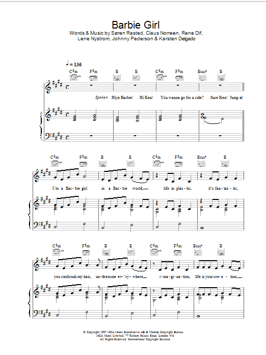 Aqua Barbie Girl sheet music notes and chords arranged for Piano, Vocal & Guitar Chords