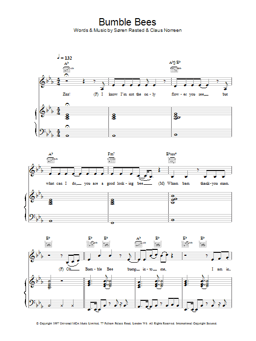 Aqua Bumble Bees sheet music notes and chords arranged for Piano, Vocal & Guitar Chords